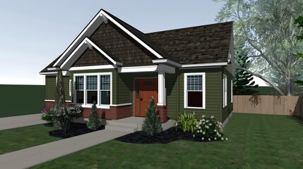 Green House with White Trim and Brown Roof