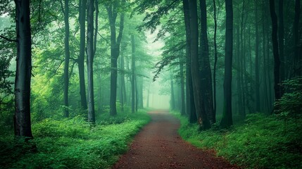 Fototapeta premium Serene Forest Retreat, Tranquil Path among Towering Trees in Nature Photography.