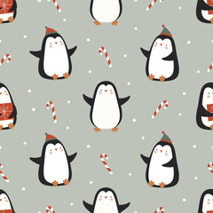 Seamless Christmas pattern with funny penguins and candy cane.