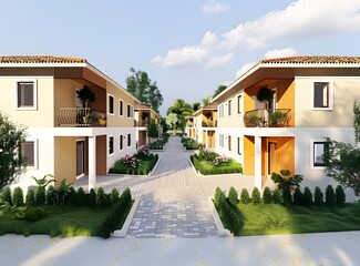 Obraz premium Modern Townhouse Exterior Design with Lush Landscaping