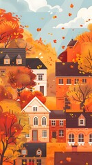Autumn Leaves Falling on Houses in a Village