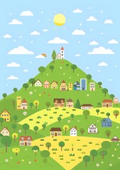 Colorful Illustration of a Small Town on a Hill