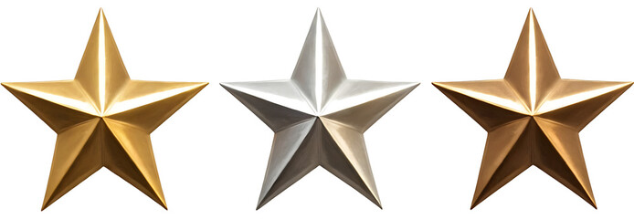 Three metallic stars in gold, silver, and bronze finishes. Perfect for awards, ranking systems, or decorative designs. (Transparent PNG background)