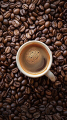 Fototapeta premium A white coffee cup is sitting on top of a pile of coffee beans