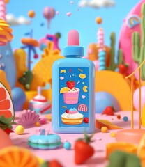 Cartoon 3D Sweet Bottle With Delicious Cake And Fruit On The Label