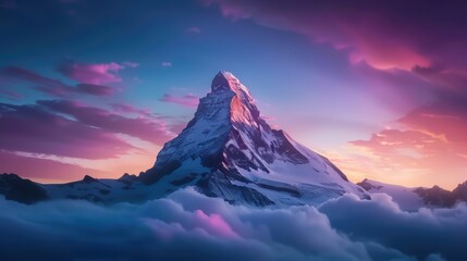 Majestic Snow-Capped Mountain Peak at Sunrise with Vibrant Sky and Clouds