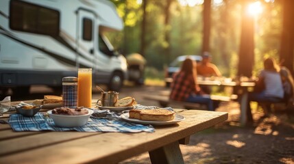 Camping outdoors and cooking at the picnic table with an RV trailer in the background, Outdoor summer holiday leisure, tourist group, or family.