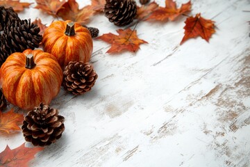 Fototapeta premium Two Mini Pumpkins, Pine Cones, and Fall Leaves on Whitewashed Wood