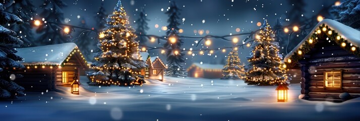 Cozy Winter Wonderland with Snow-Covered Cabins and Festive Lights in a Forest Setting at Night
