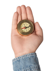 Man holding compass on white background, closeup