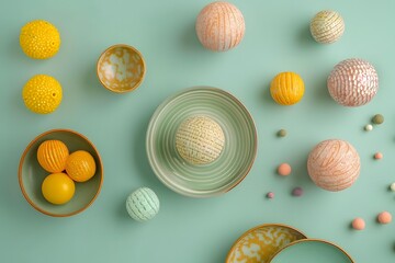 Decorative Balls and Plates Flat Lay on Green Background