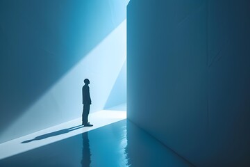 Fototapeta premium Man Silhouette Standing in a Room with a Light Beam