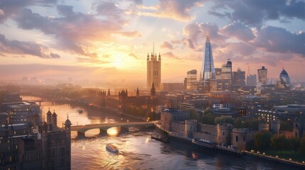 London's Golden Hour: A panoramic cityscape captures the majestic River Thames and iconic landmarks bathed in the warm glow of sunrise, showcasing the timeless allure of England's capital. 