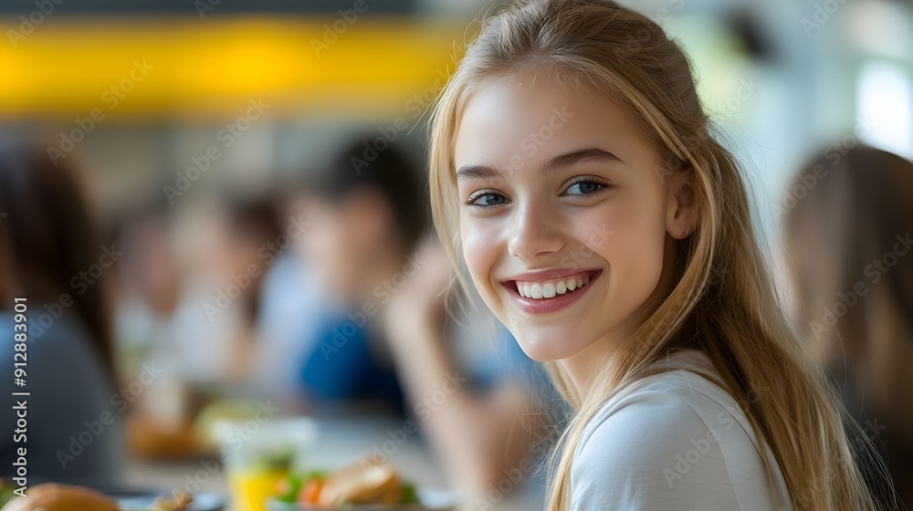 Wall mural Friendly Student Enjoying Homemade Healthy Lunch at School with Bright and Cheerful Portrait