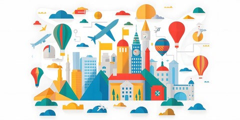 Colorful Cityscape Illustration with Hot Air Balloons and Planes
