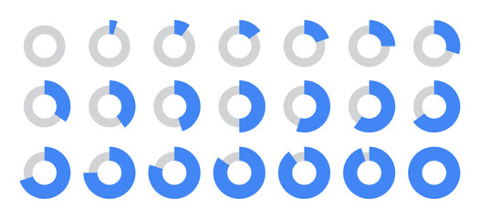 0 to 100 Infographic divided circles set in blue and grey color in thin and thick circles new style with 5, 10, 15, 20, 50, 70, 90, 100 percent for business data and analysis presentation.