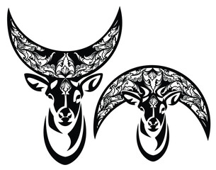 deer stag head with ornate crescent moon crown - fantasy animal spirit black and white vector design