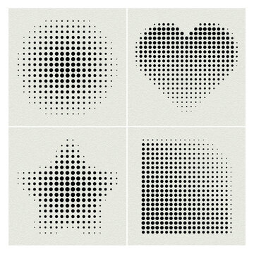 Halftone Black Dots Four 4 Figures Cirle Heart Star Rectangle on Paper Abstract