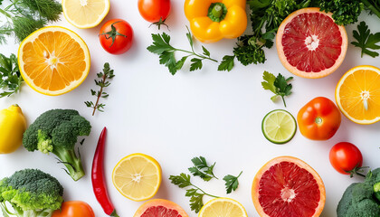 Top view of healthy food ingredients Various colorful vegetables and fruits on blue background