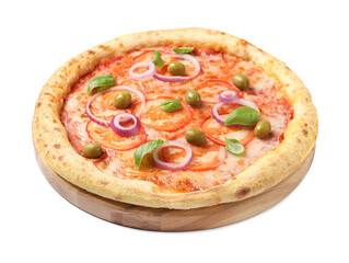 Delicious vegetarian pizza with fresh basil isolated on white