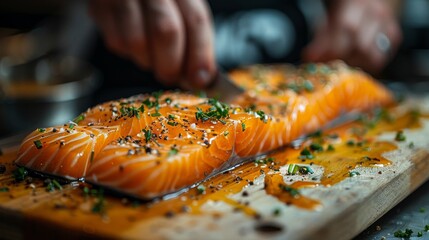 Close-up of Hands Preparing Delicious Fresh Salmon Fillet on Rustic Wooden Cutting Board