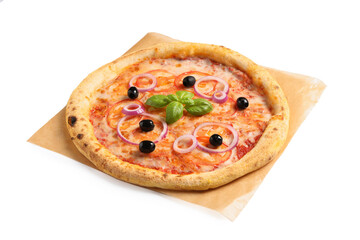 Delicious vegetarian pizza with fresh basil isolated on white