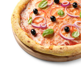 Delicious vegetarian pizza with fresh basil isolated on white