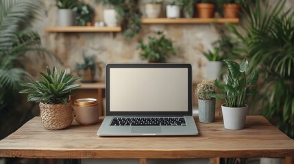 Fototapeta premium Businesswoman Typing on Laptop at Modern Office Desk with Greenery