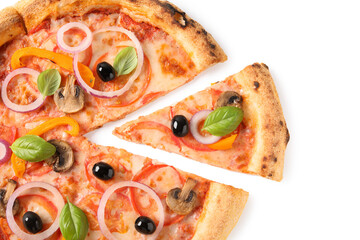 Cut delicious vegetarian pizza isolated on white, top view