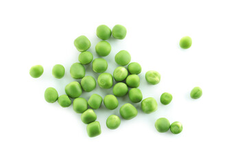 Pile of fresh green peas isolated on white, top view