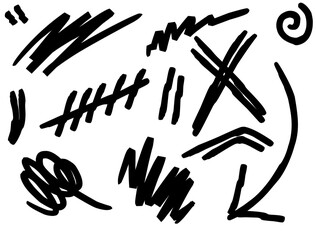 Hand-drawn scribble sketch. Children drawing with black line style on isolated white background.