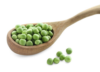 Spoon with fresh green peas isolated on white