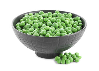 Fresh green peas in bowl isolated on white