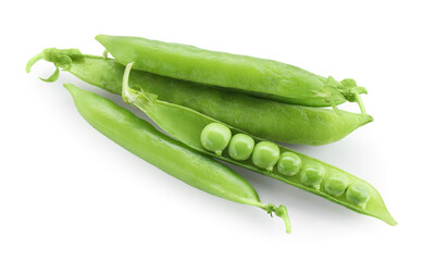 Green fresh peas and pods isolated on white, top view