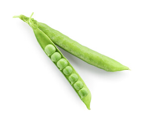 Green fresh peas and pods isolated on white, top view