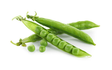 Green fresh peas and pods isolated on white