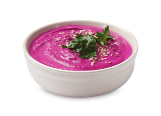 Tasty beetroot hummus, parsley and sesame in bowl isolated on white