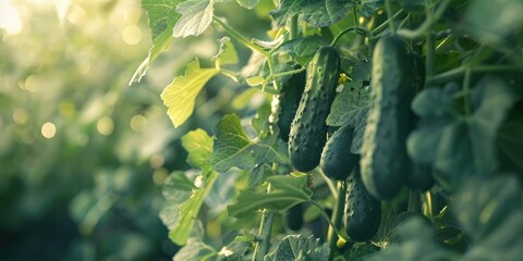 Overgrown cucumbers in a lush garden Ripe cucumbers on the farm with selective focus