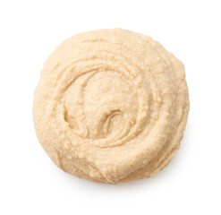 Sample of delicious hummus isolated on white, top view
