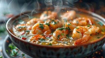 A bowl of shrimp soup with a lot of steam coming out of it