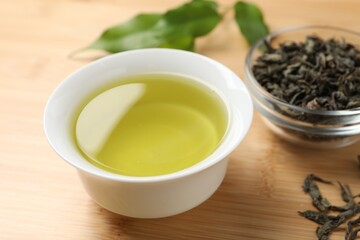 Refreshing green tea in cup and leaves on wooden table, closeup