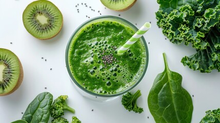Obraz premium Fresh green smoothie with kale, spinach, and kiwi, perfect for a healthy diet and vibrant lifestyle.