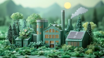 Creative Paper Art Eco-Friendly Factory with Solar Panels and Vertical Gardens