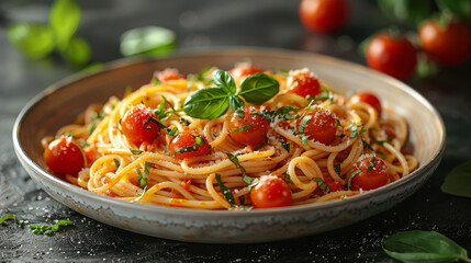 Spaghetti with Cherry Tomatoes, Fresh Herbs, and Grated Parmesan Cheese in ceramic bowl