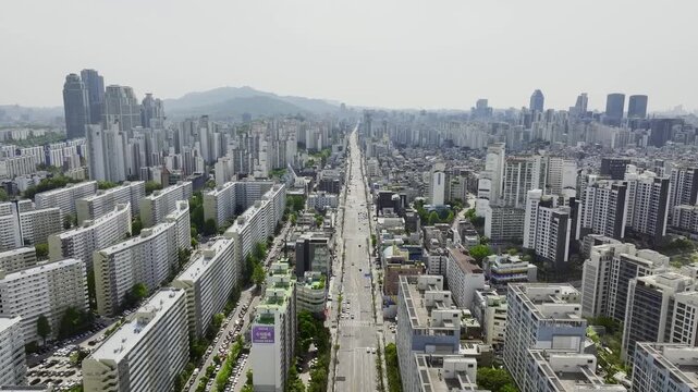 rone View of Seoul city in South Korea, gangnam financial district, Summer 60fps