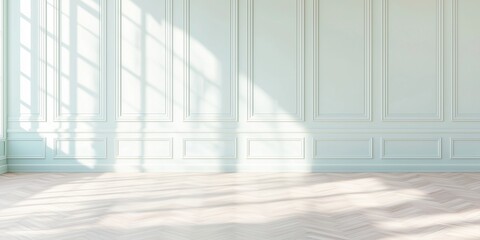 Fototapeta premium Classic French style interior design scene, blank wall color, mint color living room, herringbone wooden parquet floor. Interior of photo studio flooded with light with large panoramic window. Mockup.