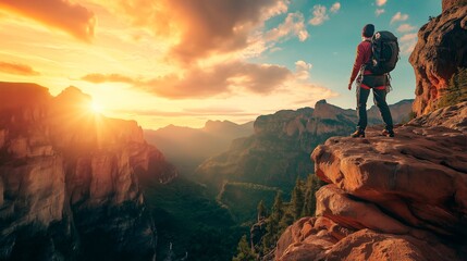 man with backpack climbing on the mountain