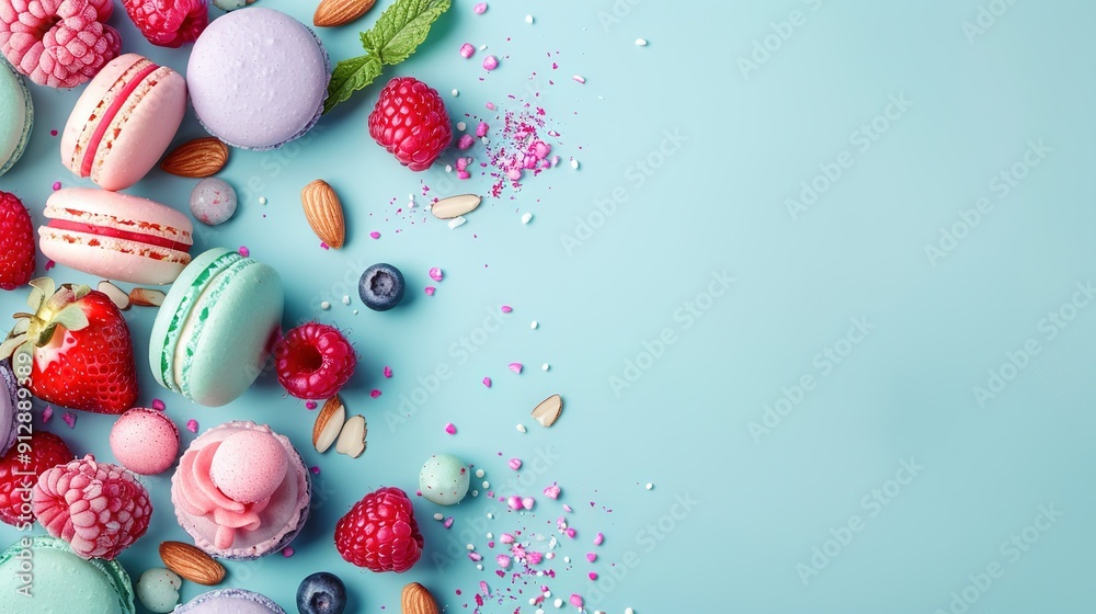 Canvas Prints a blue background with macaroons, raspberries, almonds, blueberries, and raspberries