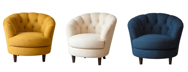 Three plush armchairs in mustard yellow, cream, and navy blue upholstery, featuring a tufted backrest and dark wooden legs. Perfect for furniture catalogs, interior design websites, or home decor blog