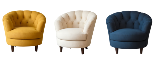 Three plush armchairs in mustard yellow, cream, and navy blue upholstery, featuring a tufted backrest and dark wooden legs. Perfect for furniture catalogs, interior design websites, or home decor blog